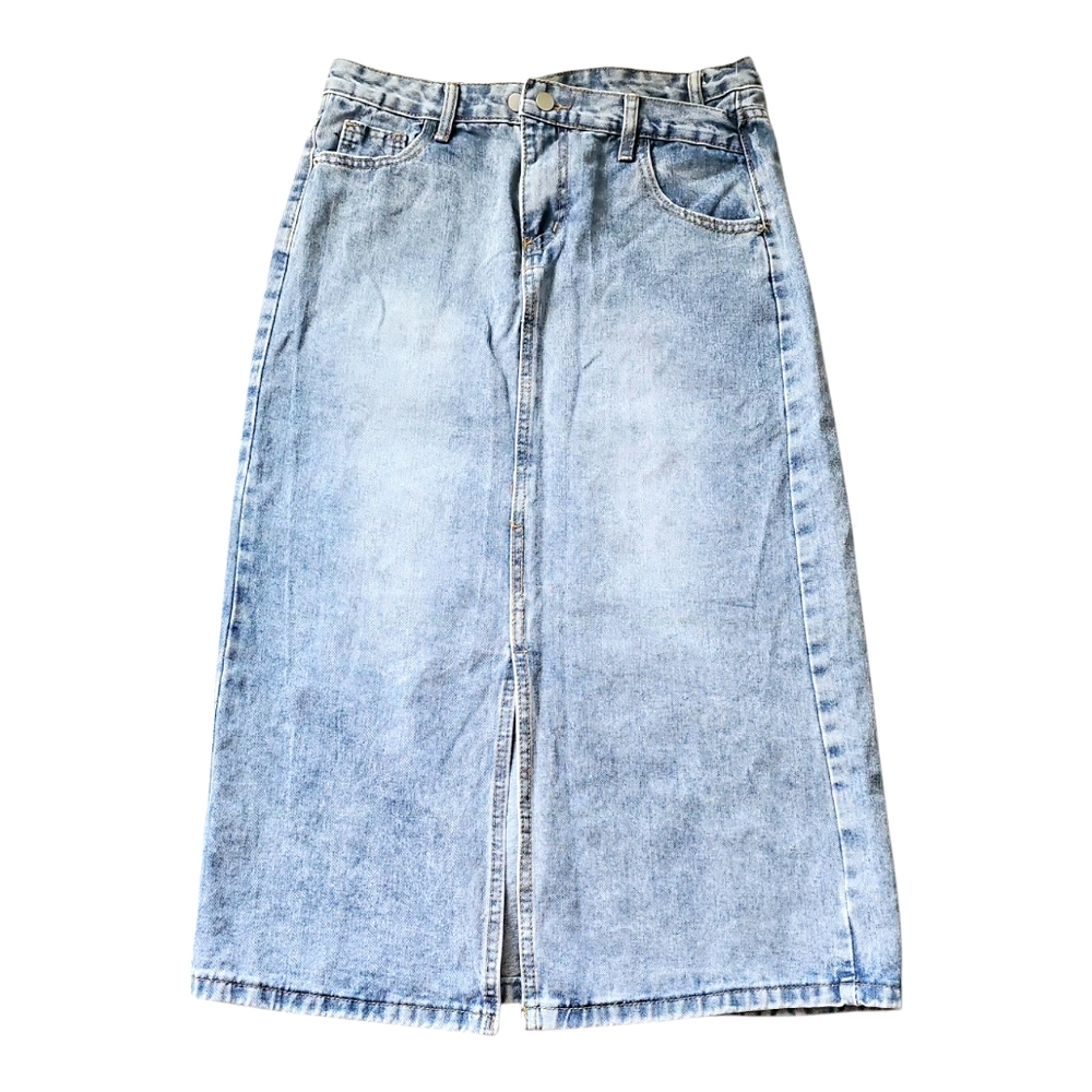XL Light Wash Denim Midi Skirt High Waist Front Slit Straight Pencil Skirt